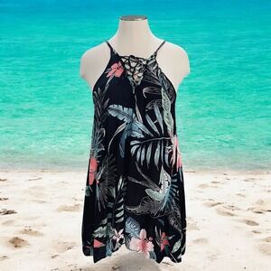 Lagaci XL Tropical Floral Lace-Up Sundress Beach Cover-Up Black Pink Blue Pool